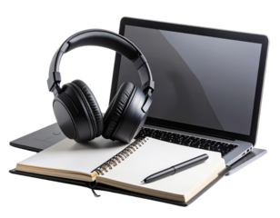 Creative Desk Scene with Headphones, Drawing Tablet, and Sketchbook, Angled View, isolated on transparent background.