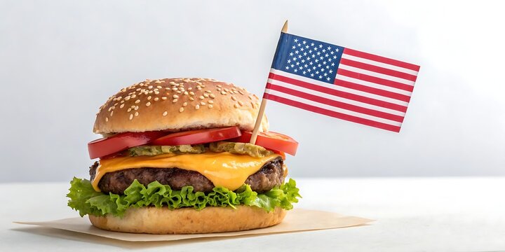 Delicious cheeseburger with american flag