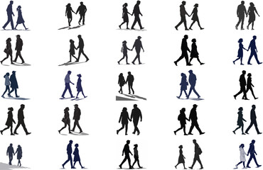  Bundle silhouette walking couple on white background 