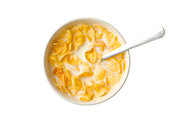 Cereal soaking in milk with a spoon present, isolated on white, PNG