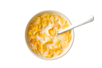 Cereal soaking in milk with a spoon present, isolated on white, PNG