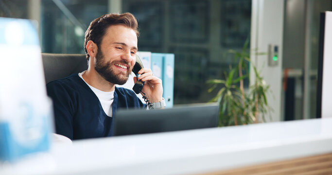 Man, doctor and phone call in hospital with smile, medical advice and update patient appointment. Healthcare, specialist and talk with technology for schedule, friendly service and help at front desk - Powered by Adobe
