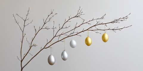 minimalist photo of bare easter tree with gold and silver easter eggs hanging from it. 