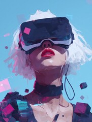 A futuristic digital illustration of a young woman with a sharp white bob haircut, wearing a high-tech black and white VR headset that covers her eyes. 