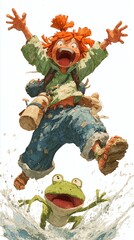 A colorful digital illustration of a freckled young girl with bright orange hair tied into playful pigtails, jumping into a splashy stream with arms wide open and mouth shouting with excitement.