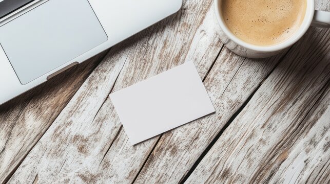 Blank business card on a rustic wooden table with a laptop and coffee cup