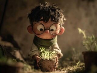 A stylized 3D digital illustration of a young animated boy with tousled dark hair, oversized round glasses, and expressive eyes. He wears a soft green scarf and a beige shirt with rolled-up sleeves. 