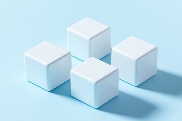 Obraz premium Four simple white cubes arranged in a cross pattern on a light blue surface