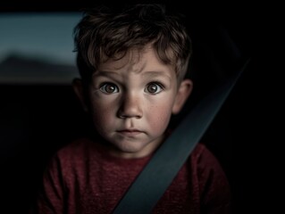 A real photograph of a young boy with expressive hazel eyes, light freckles, and tousled brown hair, sitting in the back seat of a car. 