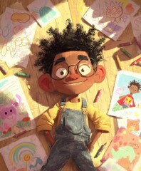A stylized digital illustration of a cheerful cartoon boy lying on a wooden floor, surrounded by colorful crayon drawings.