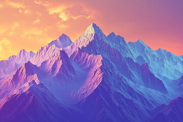 A digital rendering of a mountain range with a colorful sunset sky above it