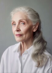 A studio portrait of a dignified elderly woman with silver-gray, softly wavy hair, elegantly swept to one side. 