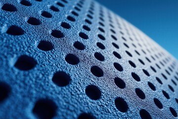A macro photograph of a perforated blue synthetic surface, showing evenly spaced circular holes across a textured material. The surface has a matte finish with a fine