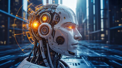 Futuristic Robot Head AI Artificial Intelligence Technology Cyborg Cityscape