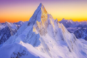 A majestic snow covered mountain peak under a vibrant sunset sky scenery