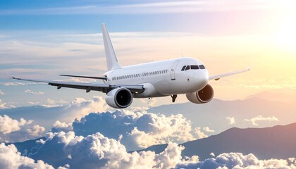 Obraz premium A pristine white airplane soars through a vibrant sky above mountains and clouds at golden hour.