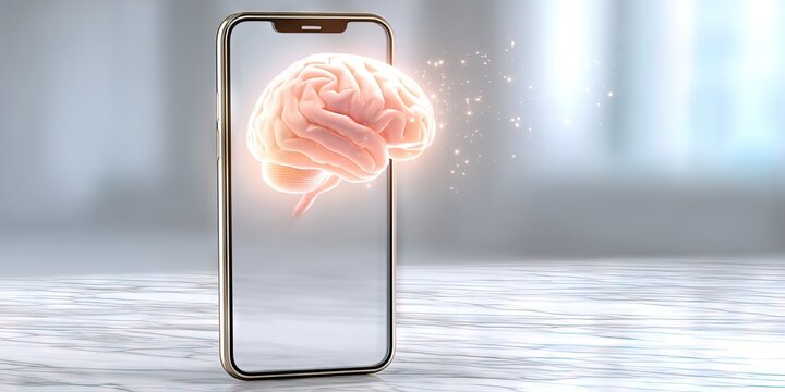 photo of a smartphone with a 3D holographic brain hovering over the screen  - Powered by Adobe
