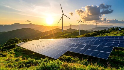A scenic landscape featuring wind turbines and solar panels at sunset over rolling green hills.