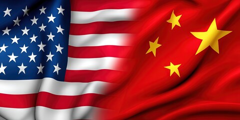 photo of american flag on left and china flag on right 