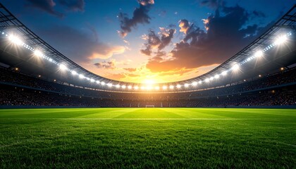 Wide shot captures the electric atmosphere of a modern sports arena under an illuminated sunset sky.