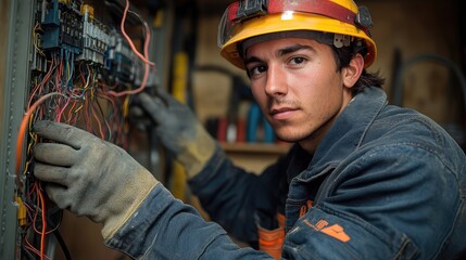 Focused Technician Wiring Control Panel in a Workshop