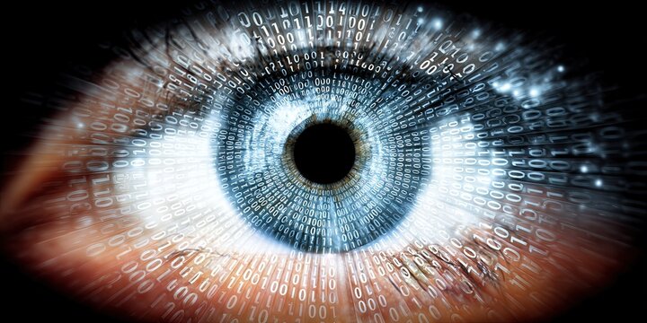 eyeball made of glowing digital binary data