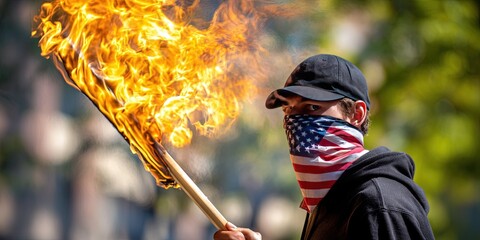 photo of angry protestor burning american flag