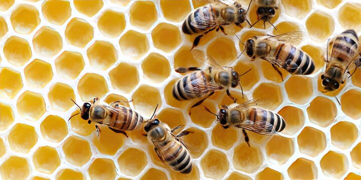 photo of apiculture with honeybees and beeswax honeycomb in beehive - Powered by Adobe