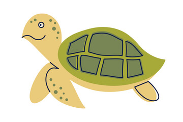 Flat cartoon vector illustration of cute sea turtle character in bright kids style. Simple colorful marine animal design for childrens products, educational materials, games, posters, nursery decor