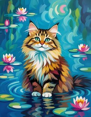 Obraz premium Domestic Cat sits calmly in water, surrounded by natural beauty