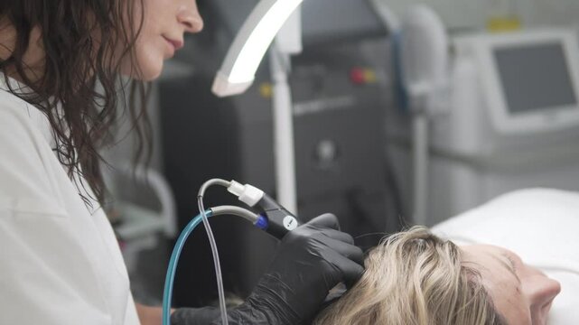 Cosmetologist performing advanced scalp cleansing using the HydraFacial Keravive system. The client with blonde hair lies comfortably in a bright aesthetic clinic during the non-invasive hair care