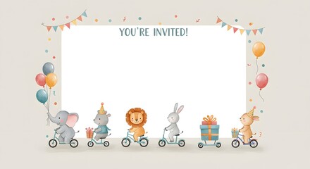 Invitation Template Adorable Animals on Bikes Birthday Party