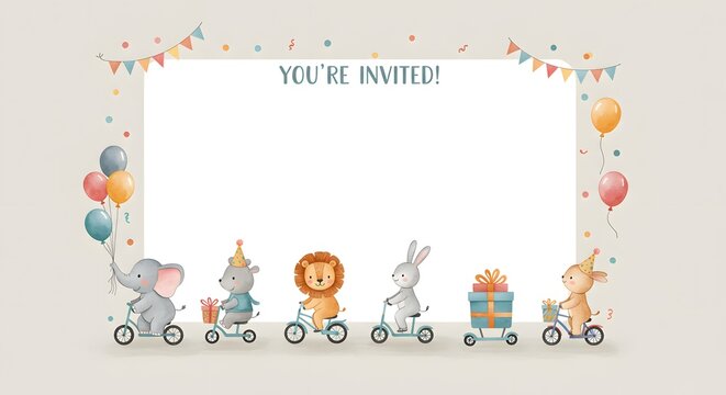 Invitation Template Adorable Animals on Bikes Birthday Party - Powered by Adobe