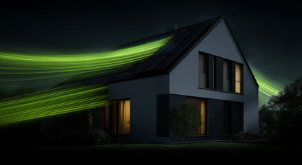 A modern house at night with illuminated windows, surrounded by flowing green light streaks creating a futuristic, dynamic effect.
