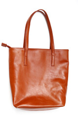 Woman's light brown leather tote bag isolated on white background. Modern bag 