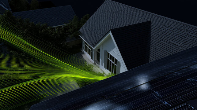 A nighttime aerial view of houses with solar panels on rooftops and green light trails symbolizing renewable energy flow.