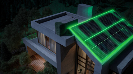 Modern house with illuminated green solar panels on the roof, highlighting sustainable energy use at night.
