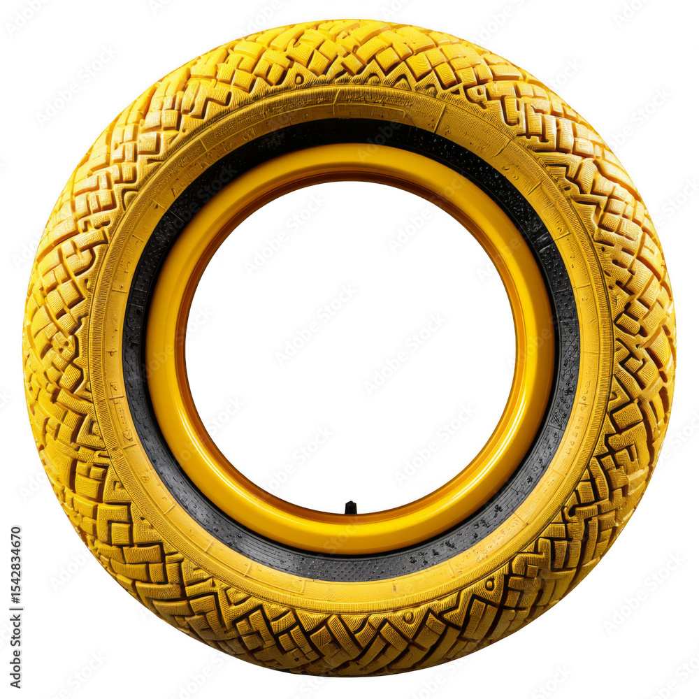 Poster a yellow tire with intricate tread patterns and a black inner ring, displayed in a circular form.