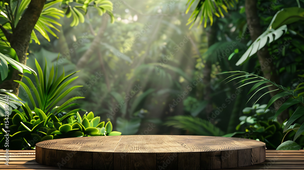Poster a wooden podium stands in a lush jungle setting surrounded by vibrant green plants and trees with su