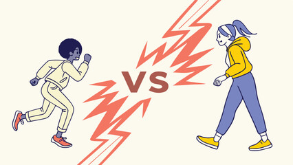Obraz premium Illustration showing woman running versus woman walking with lightning bolt and vs in the middle