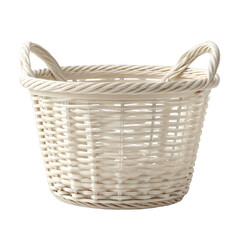 Obraz premium A round white wicker basket with two sturdy handles, woven tightly for durability and functionality.