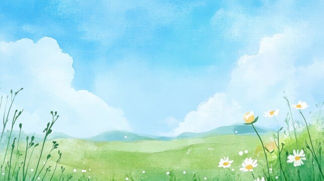 Peaceful meadow landscape watercolor illustration