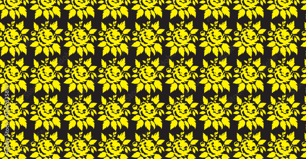 Poster a repeating pattern of yellow floral sunbursts on a dark background creating a vibrant and cheerful 