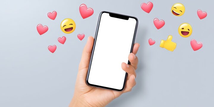 photo of hand holding smartphone on solid background. hearts, laughing emojies, and thumbs up floating in air 