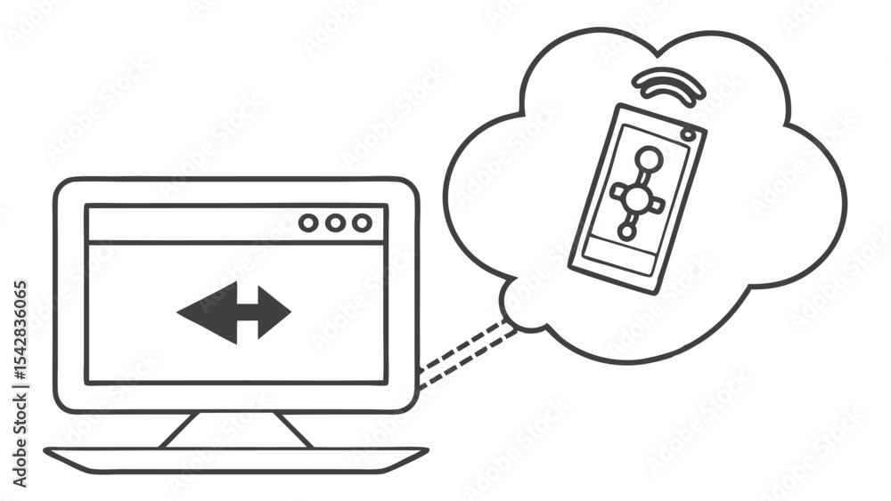 Poster computer screen with arrows and a cloud containing a phone with a molecule symbol outline design