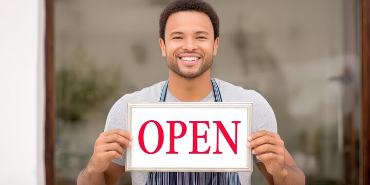 photo of happy entrepreneur inside store at front door holding "OPEN" sign  - Powered by Adobe