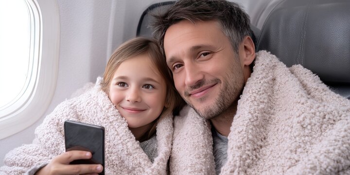  happy dad and daughter sitting in airplane with blankets over their laps smiling and watching a video together on a smartphone 