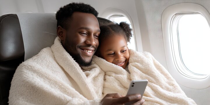  happy dad and daughter sitting in airplane with blankets over their laps smiling and watching a video together on a smartphone  - Powered by Adobe