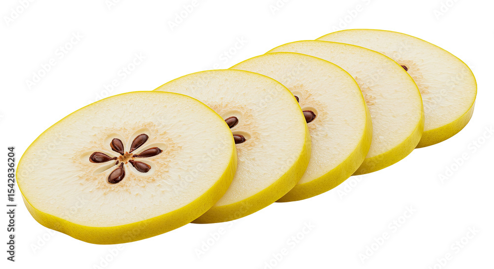 Poster sliced quince fruit arranged on a black background showing the core and seeds details