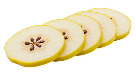 Sliced quince fruit arranged on a black background showing the core and seeds details
